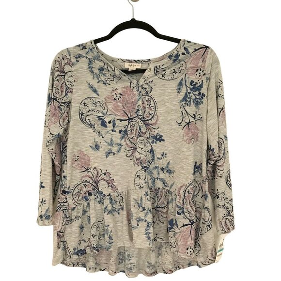 NWT Style & Co. Womens Floral Henley Shirt Size 0X blue pink grey - Picture 2 of 8
